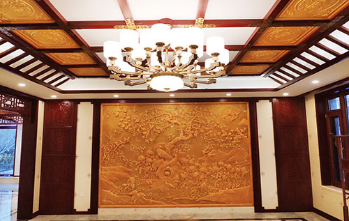 巫溪中式别墅客厅中式木作横梁吊顶装饰展示